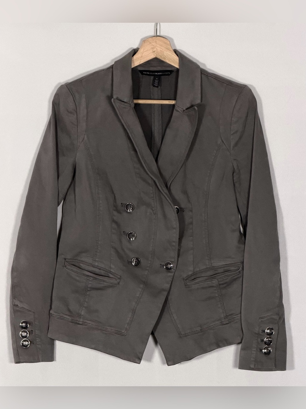 White House Black Market Military Blazer Women’s 6 Gray Double Breasted Stretch